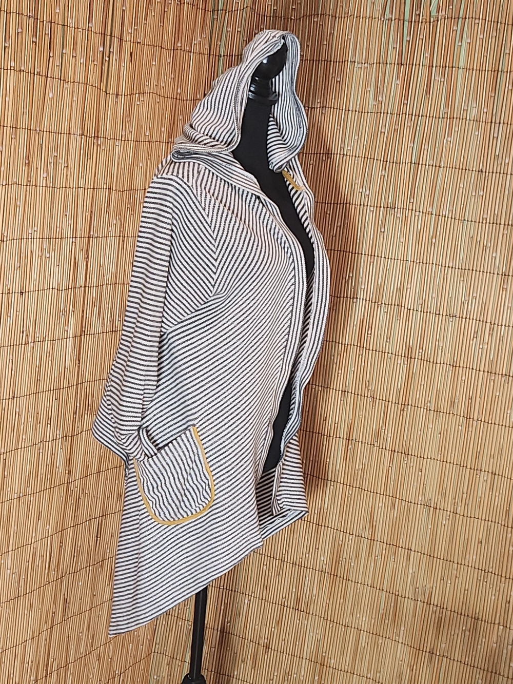 Open Cardigan Striped Hood Swim Cover-Up Black White Lagenlook Layering Shirt